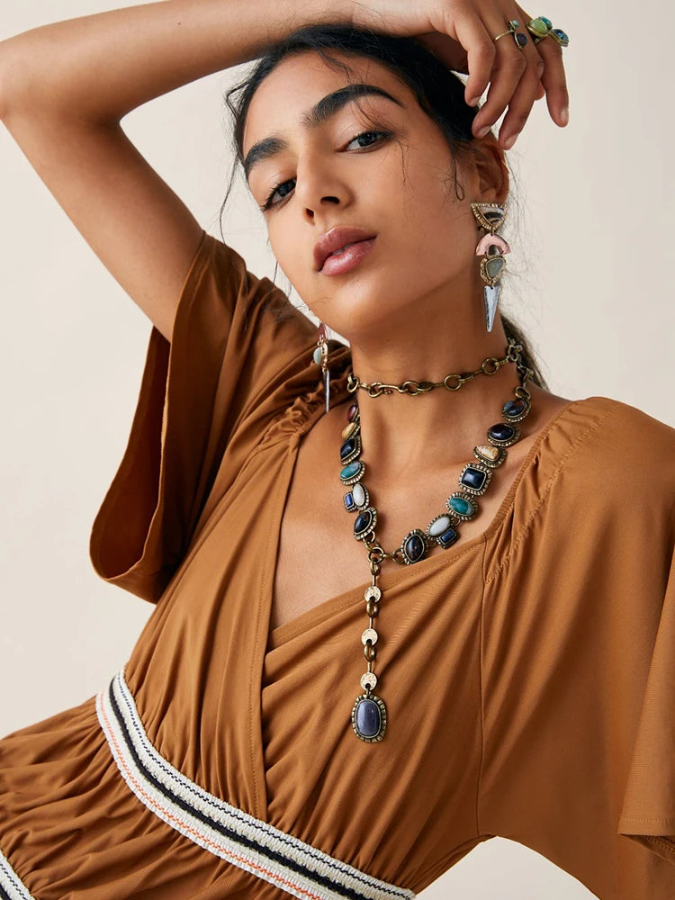 Indian Ethnic Vintage Statement Resin Stone Necklace Women Bohemian Retro Maxi Long Sweater Chain Necklaces Female Jewelry