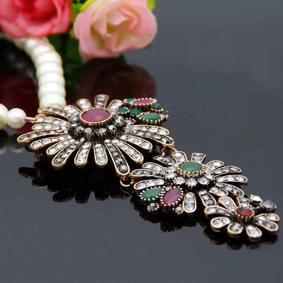 Ethnic Turkish Women Bead Flower Necklace Antique Gold Color Resin Combination Necklace Indian Wedding Colorful Crystal Jewelry