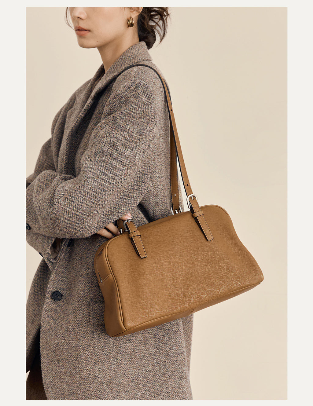 New Arrival Vegetable Tanned Leather High-Grade Youyou Bowling Bag Women's Spring Retro Large Capacity Commuting Shoulder Handbag