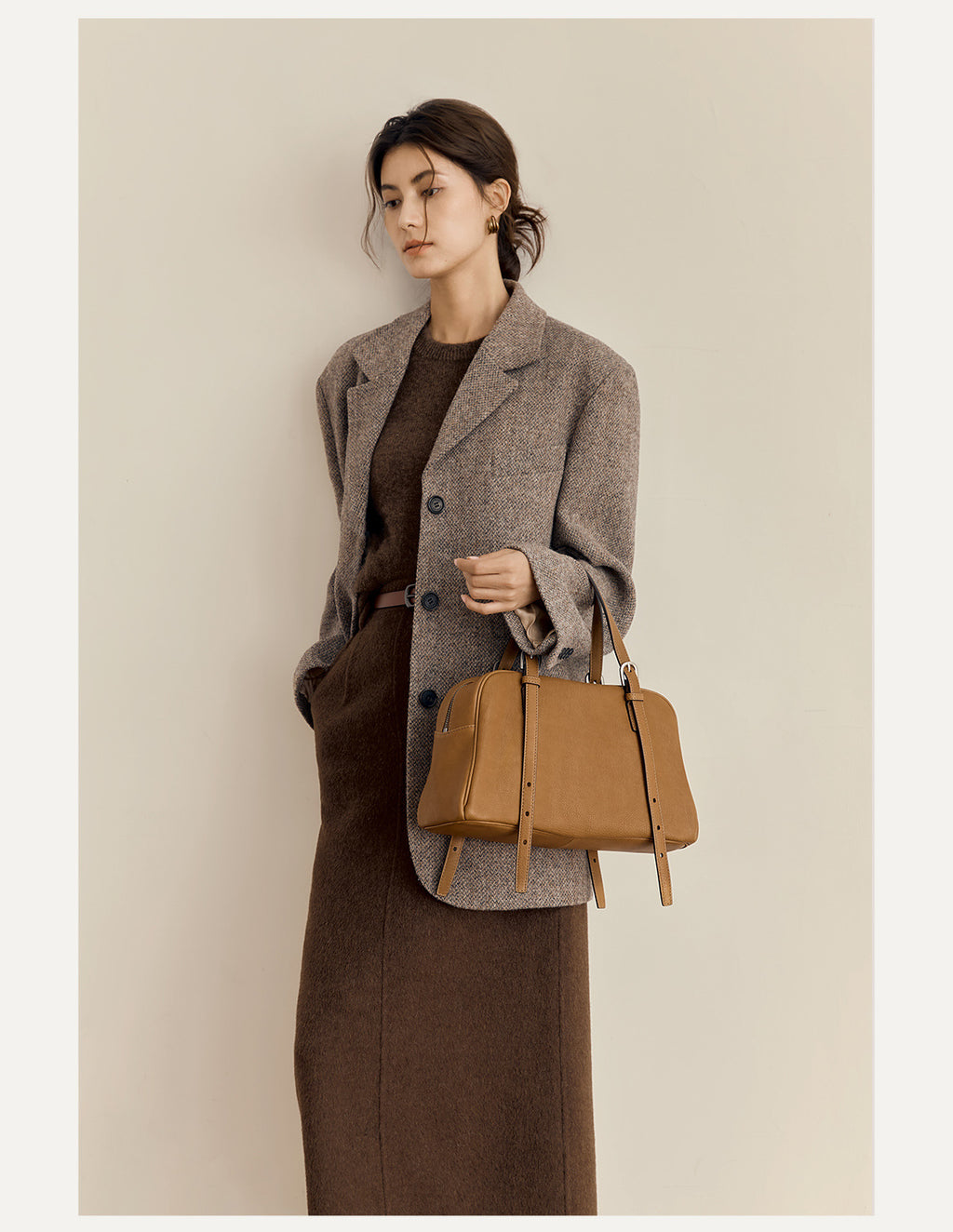 New Arrival Vegetable Tanned Leather High-Grade Youyou Bowling Bag Women's Spring Retro Large Capacity Commuting Shoulder Handbag
