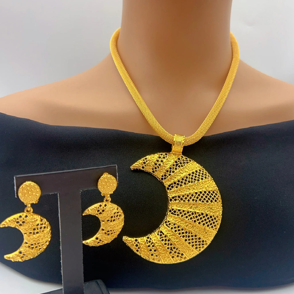 Indian Necklace and Earrings Sets for Bridal Ethiopian Nigeria 24k Gold Color Dubai Jewelry Earrings Banquet Party Gifts