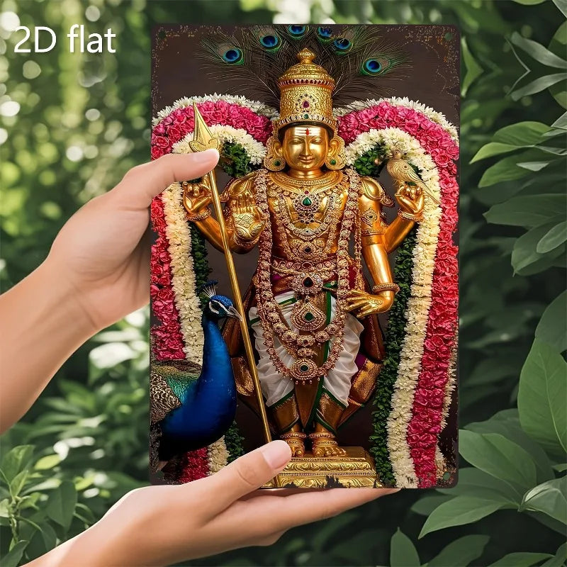 Vibrant Indian Deity Statue with Peacock, 2D Flat Metal Wall Art, Weather-Resistant Aluminum Decor for Home, Bar, 7.87x11.8 Inch