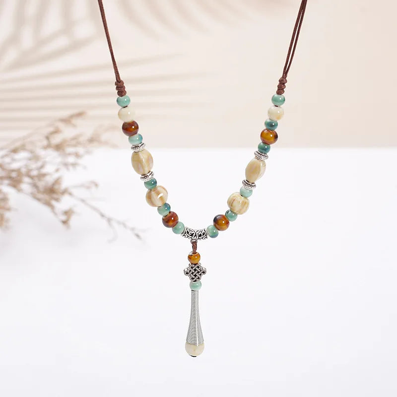 Fashion Ethnic Jewelry Traditional Handmade Ornaments Weave Wax Rope Ceramics Necklace Ceramics Beads Pendant Long Necklace