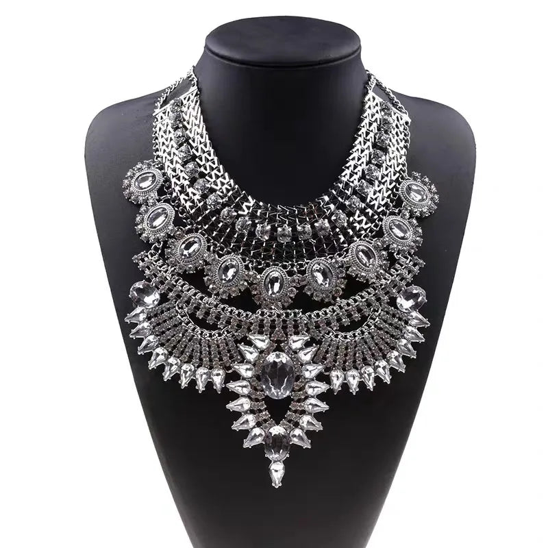 Indian Ethnic Statement Large Necklace Women Fashion Crystal Rhinestone Maxi Long Collar Big Bib Choker Necklace Boho Jewelry