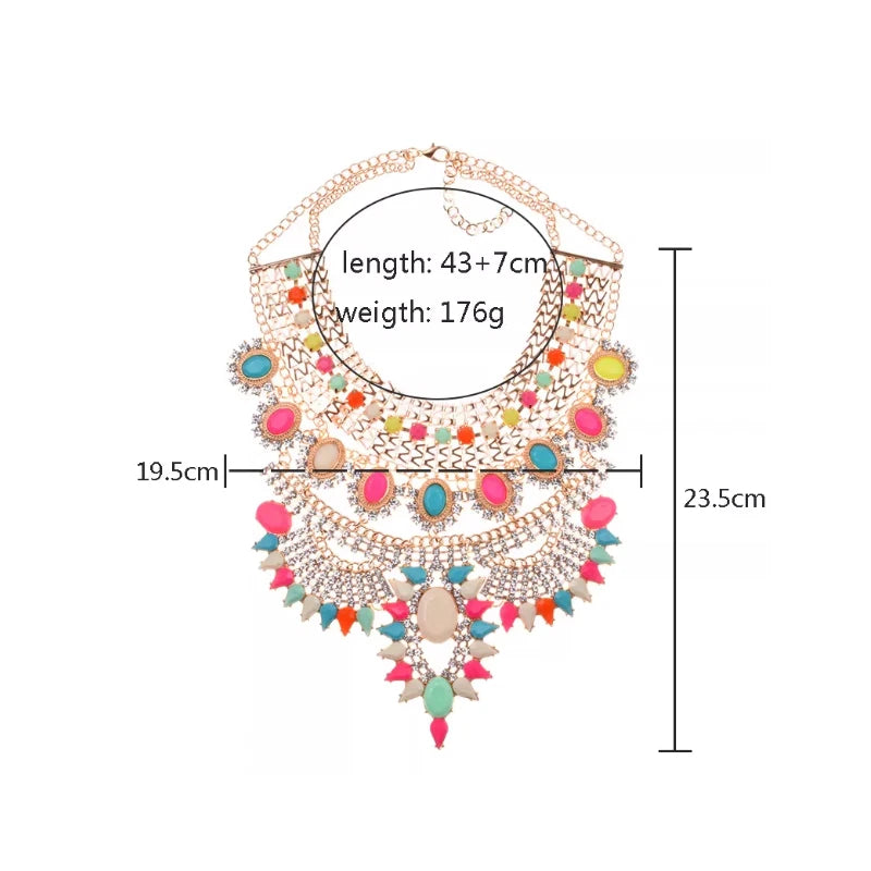 Indian Ethnic Statement Large Necklace Women Fashion Crystal Rhinestone Maxi Long Collar Big Bib Choker Necklace Boho Jewelry