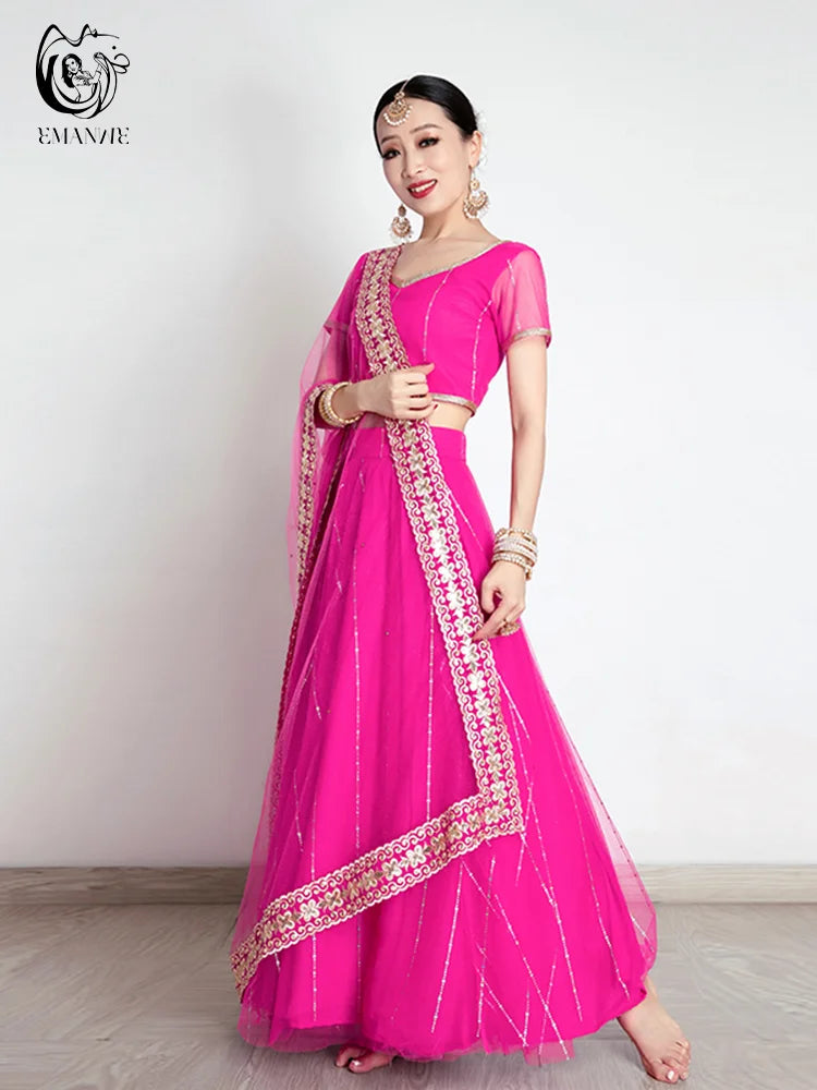 Exotic Indian Dance Costume Ethnic Style Women's Bollywood Belly Dance Dress Sari Top Large Swing Skirt Lengha Set