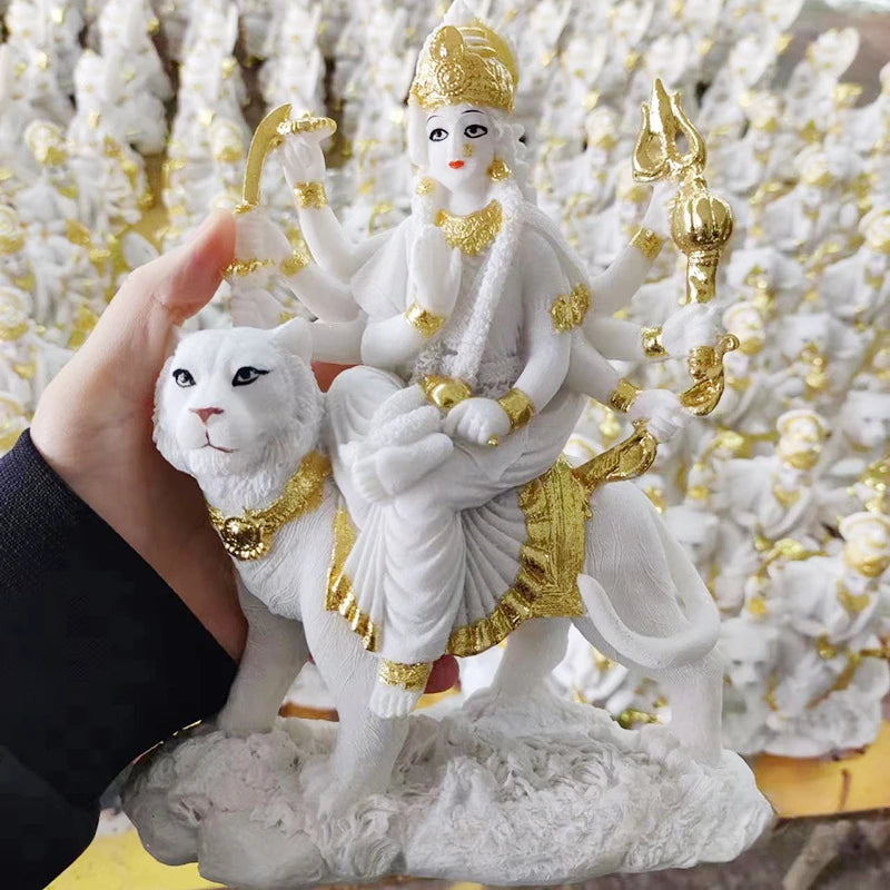Indian Statue of Difficult To Approach Mother Durga Riding A Tiger and Lion Offering Resin Water Glass Ornament