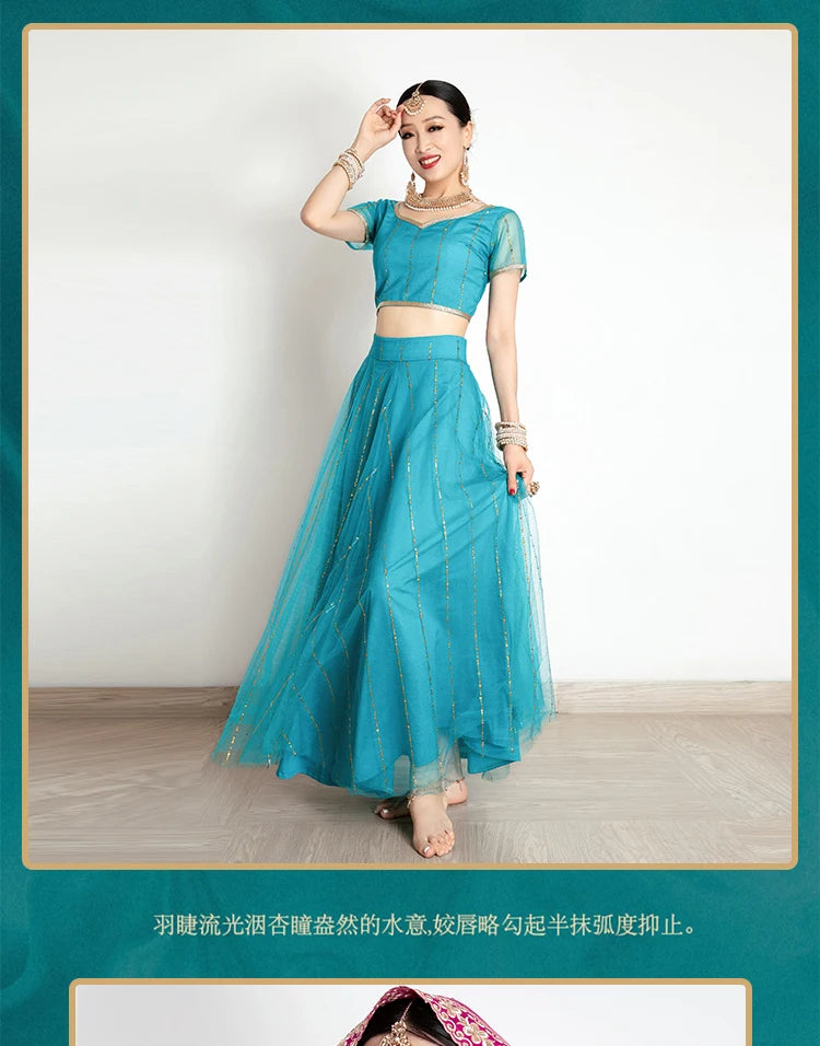 Exotic Indian Dance Costume Ethnic Style Women's Bollywood Belly Dance Dress Sari Top Large Swing Skirt Lengha Set