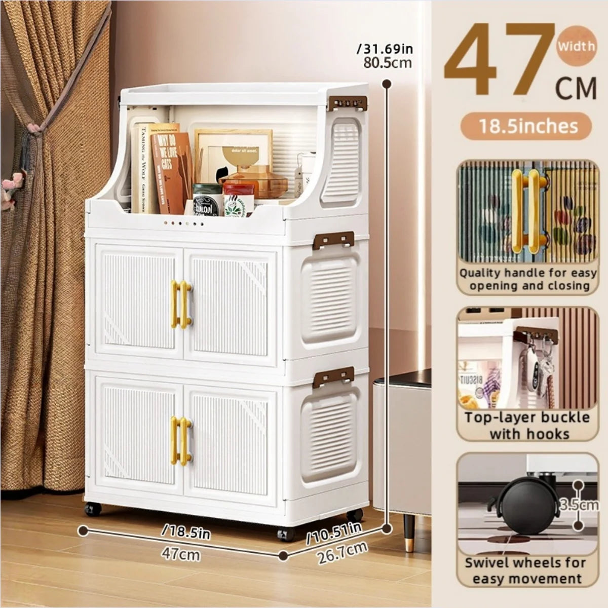 Large Foldable Flip-Top Transparent Storage Cabinet with Wheels - Space-Saving Mobile Organizer for Kitchen Bedroom Living Room