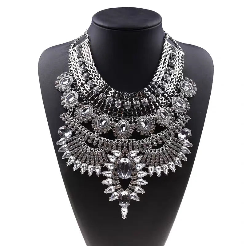 Indian Ethnic Statement Large Necklace Women Fashion Crystal Rhinestone Maxi Long Collar Big Bib Choker Necklace Boho Jewelry