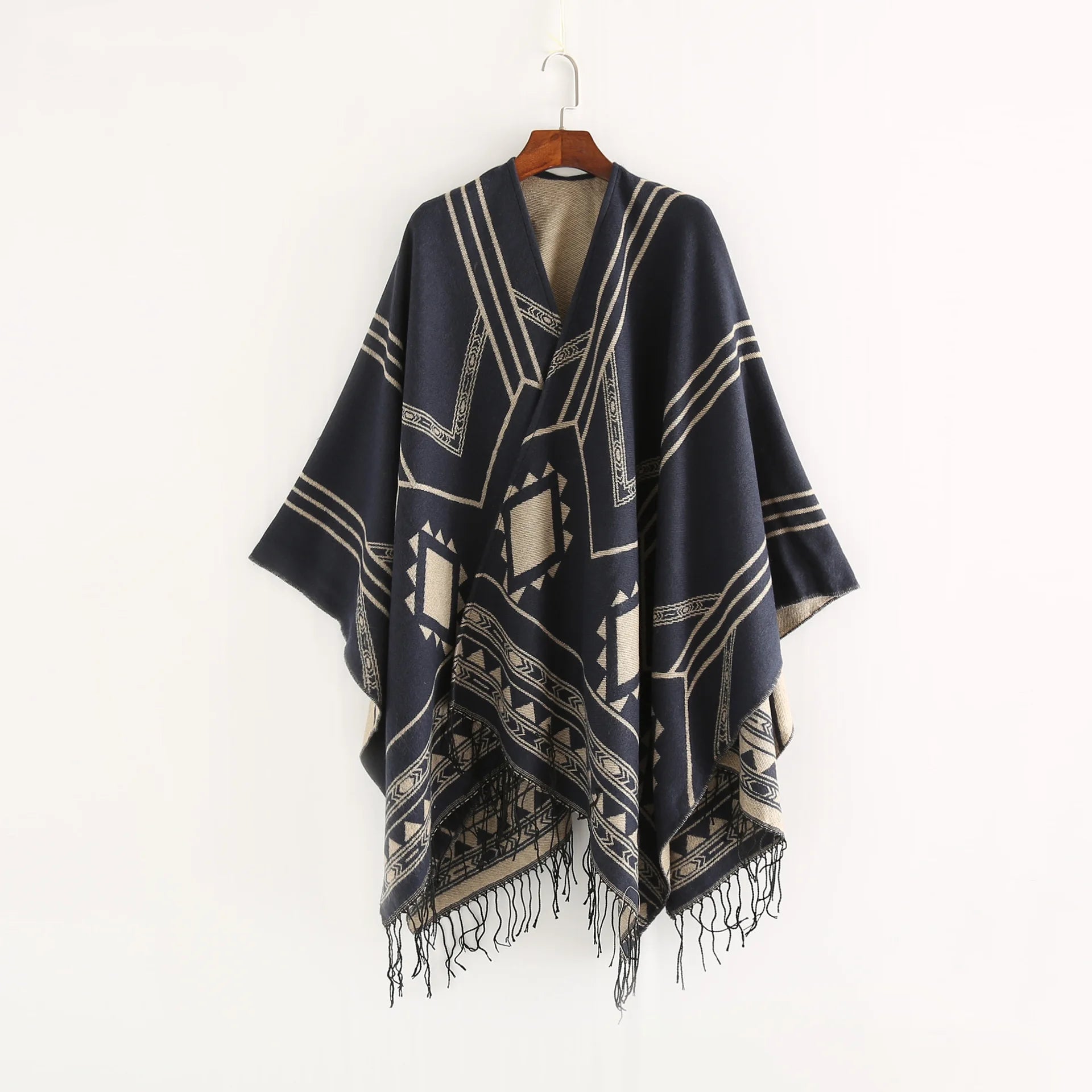 New Indian Nepalese Style Geometric Tassel Split Women Shawl Warm Air Conditioning Room Lady Cloak Poncho Capes Black Khaki