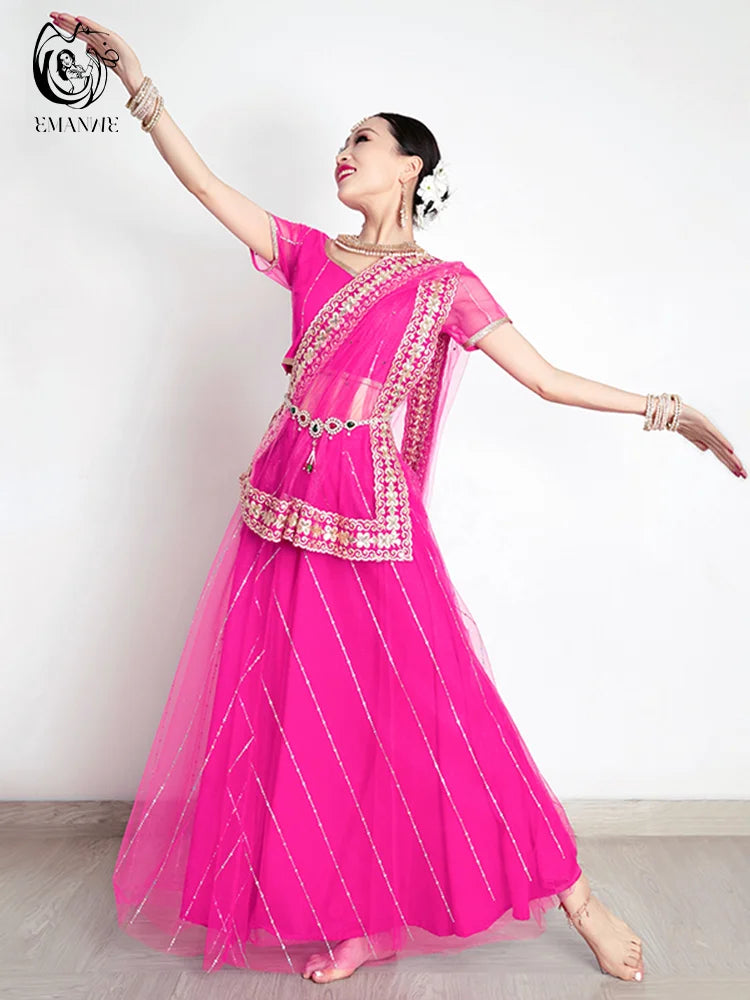 Exotic Indian Dance Costume Ethnic Style Women's Bollywood Belly Dance Dress Sari Top Large Swing Skirt Lengha Set