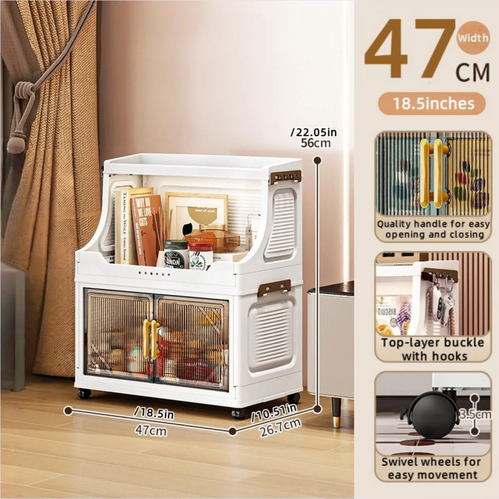 Large Foldable Flip-Top Transparent Storage Cabinet with Wheels - Space-Saving Mobile Organizer for Kitchen Bedroom Living Room