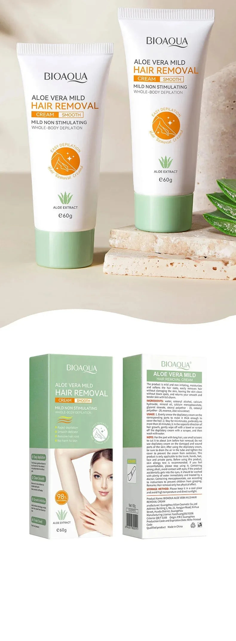 Bioaoua Aloe Vera Gentle Hair Removal Cream, 60G/Tube, Fast Hair Removal, No Harm to the Skin
