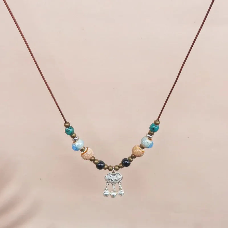 Fashion Ethnic Jewelry Traditional Handmade Ornaments Weave Wax Rope Ceramics Necklace Ceramics Beads Pendant Long Necklace
