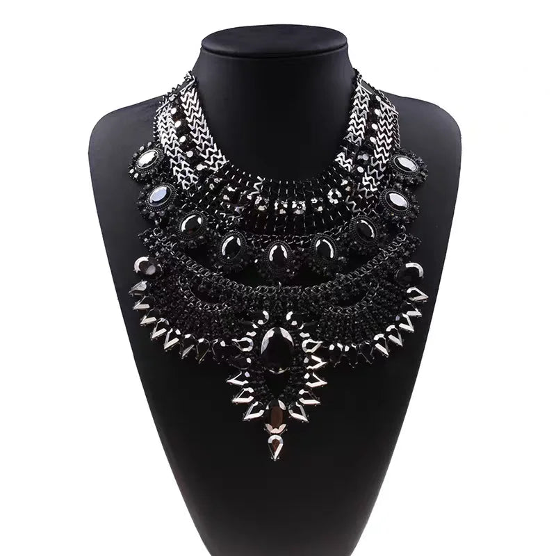 Indian Ethnic Statement Large Necklace Women Fashion Crystal Rhinestone Maxi Long Collar Big Bib Choker Necklace Boho Jewelry