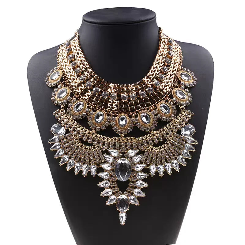 Indian Ethnic Statement Large Necklace Women Fashion Crystal Rhinestone Maxi Long Collar Big Bib Choker Necklace Boho Jewelry