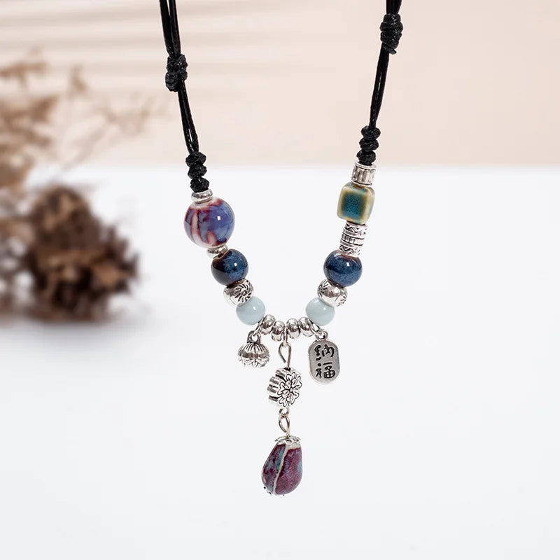 Fashion Ethnic Jewelry Traditional Handmade Ornaments Weave Wax Rope Ceramics Necklace Ceramics Beads Pendant Long Necklace