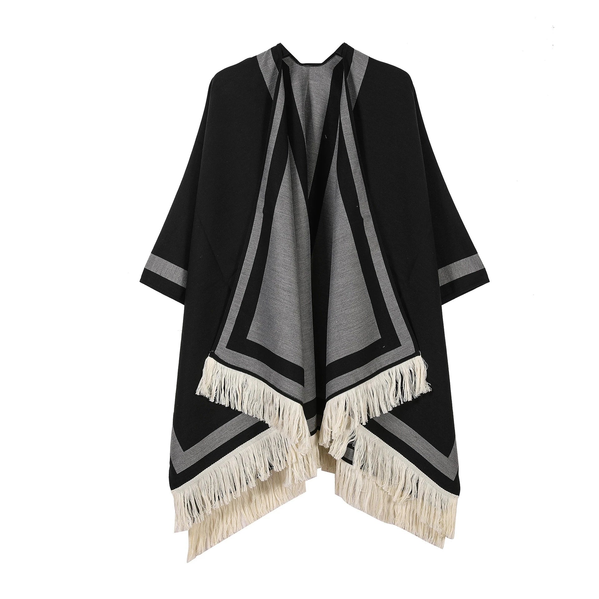 New Indian Nepalese Style Geometric Tassel Split Women Shawl Warm Air Conditioning Room Lady Cloak Poncho Capes Black Khaki