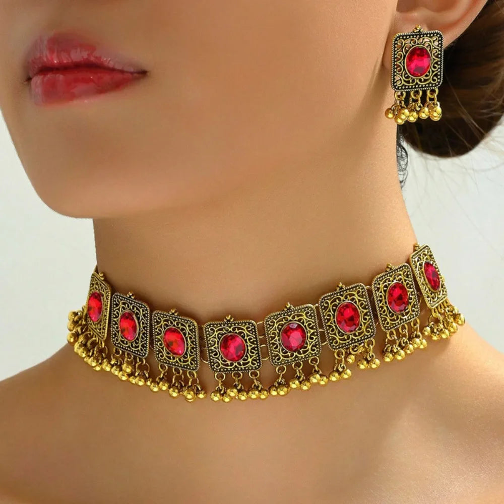 Ethnic Vintage Jewelry Set Dubai Bridal Jewelry Tassel Beads Pendant Jewelry Sets Decoration Indian Necklace Earrings Set