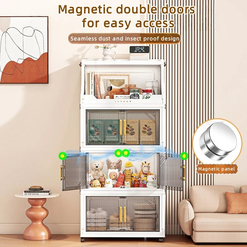 Large Foldable Flip-Top Transparent Storage Cabinet with Wheels - Space-Saving Mobile Organizer for Kitchen Bedroom Living Room