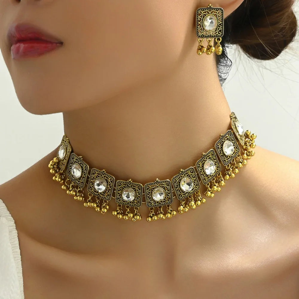 Ethnic Vintage Jewelry Set Dubai Bridal Jewelry Tassel Beads Pendant Jewelry Sets Decoration Indian Necklace Earrings Set