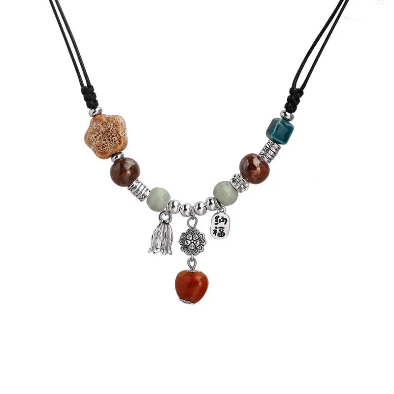 Fashion Ethnic Jewelry Traditional Handmade Ornaments Weave Wax Rope Ceramics Necklace Ceramics Beads Pendant Long Necklace