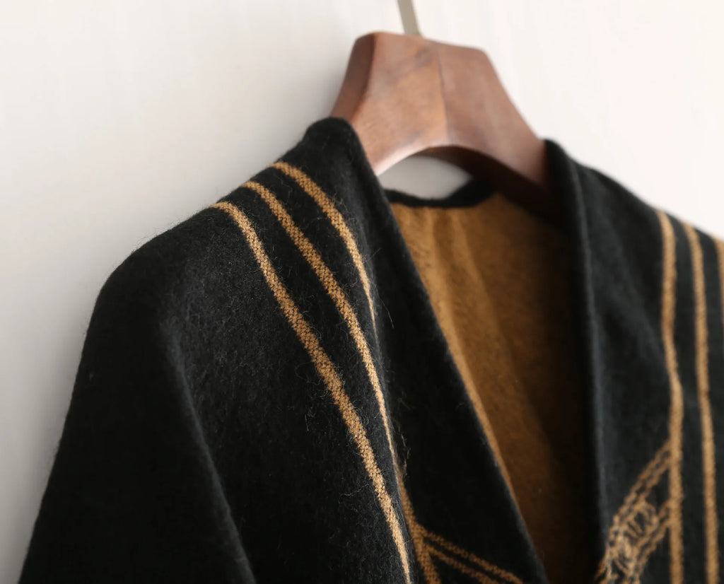 New Indian Nepalese Style Geometric Tassel Split Women Shawl Warm Air Conditioning Room Lady Cloak Poncho Capes Black Khaki