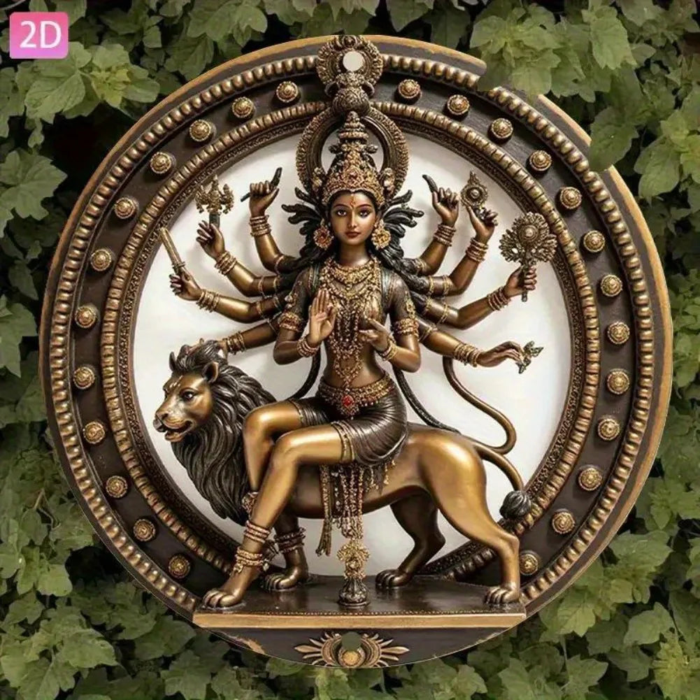 1pc Vintage Hindu Goddess Durga Statue - Aluminum Wall Art Plaque with Lion mount, Golden & Black Indian deity Decor for Home