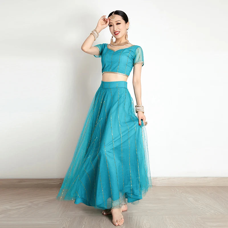 Exotic Indian Dance Costume Ethnic Style Women's Bollywood Belly Dance Dress Sari Top Large Swing Skirt Lengha Set