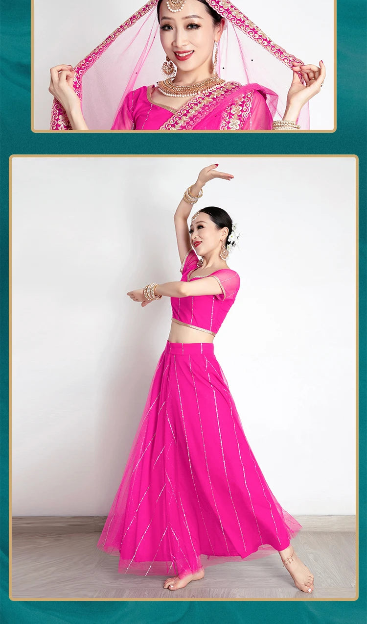 Exotic Indian Dance Costume Ethnic Style Women's Bollywood Belly Dance Dress Sari Top Large Swing Skirt Lengha Set