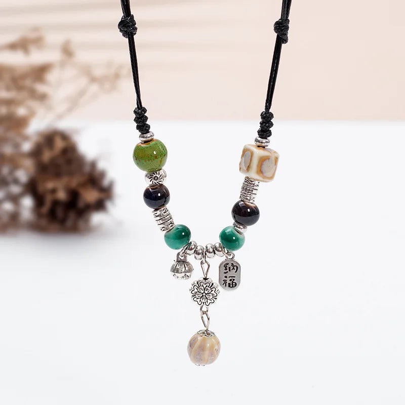 Fashion Ethnic Jewelry Traditional Handmade Ornaments Weave Wax Rope Ceramics Necklace Ceramics Beads Pendant Long Necklace