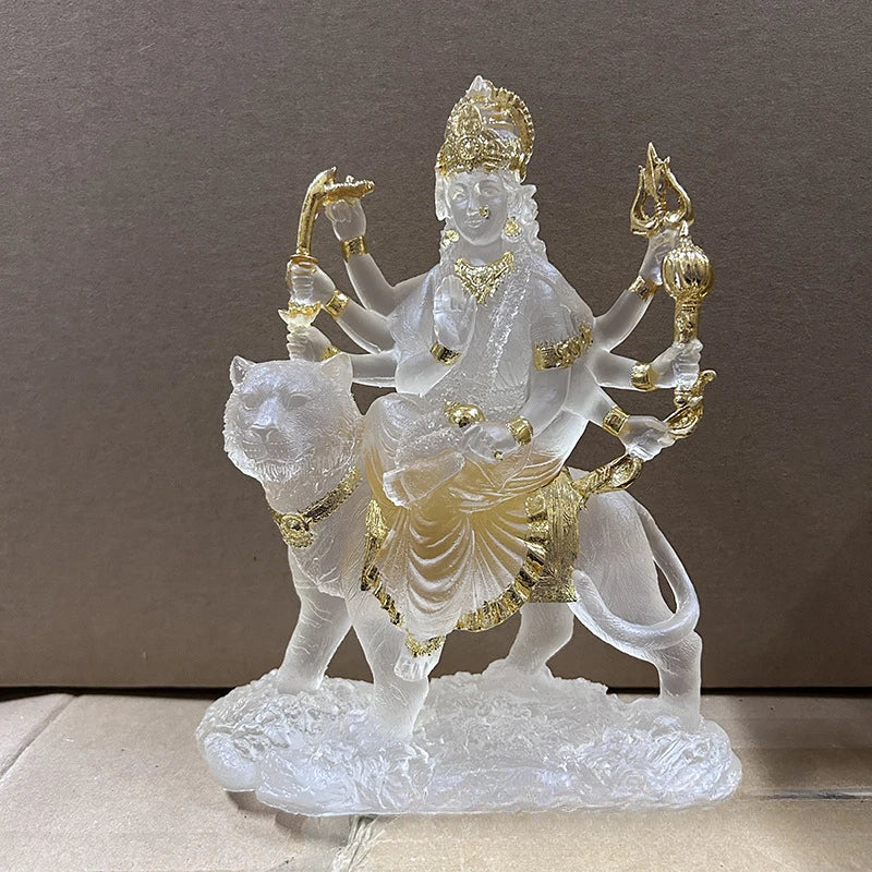 Indian Statue of Difficult To Approach Mother Durga Riding A Tiger and Lion Offering Resin Water Glass Ornament