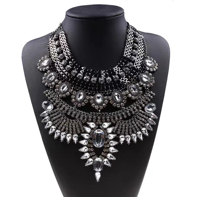 Indian Ethnic Statement Large Necklace Women Fashion Crystal Rhinestone Maxi Long Collar Big Bib Choker Necklace Boho Jewelry