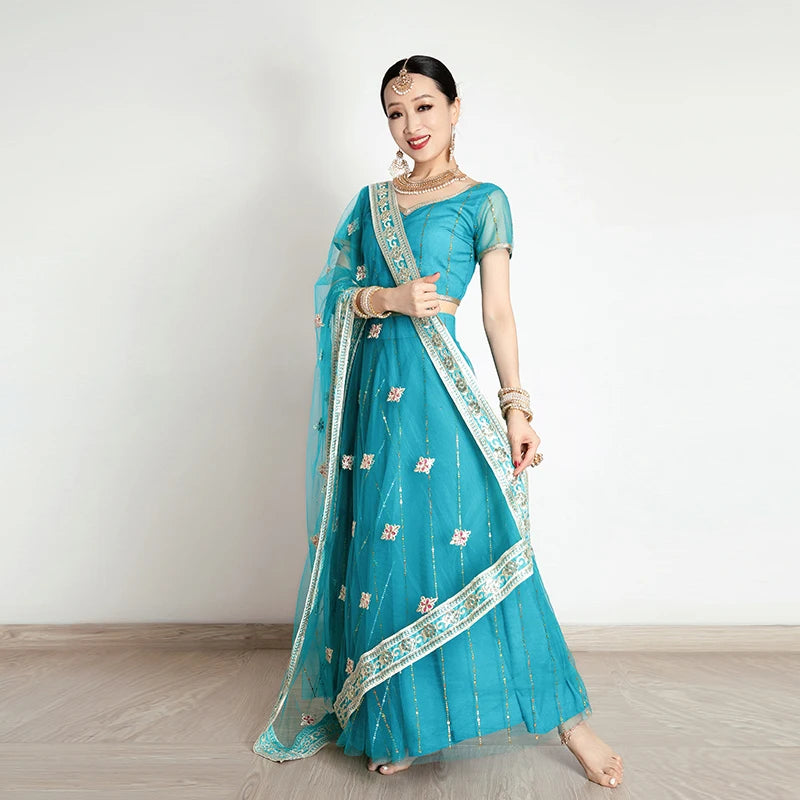 Exotic Indian Dance Costume Ethnic Style Women's Bollywood Belly Dance Dress Sari Top Large Swing Skirt Lengha Set