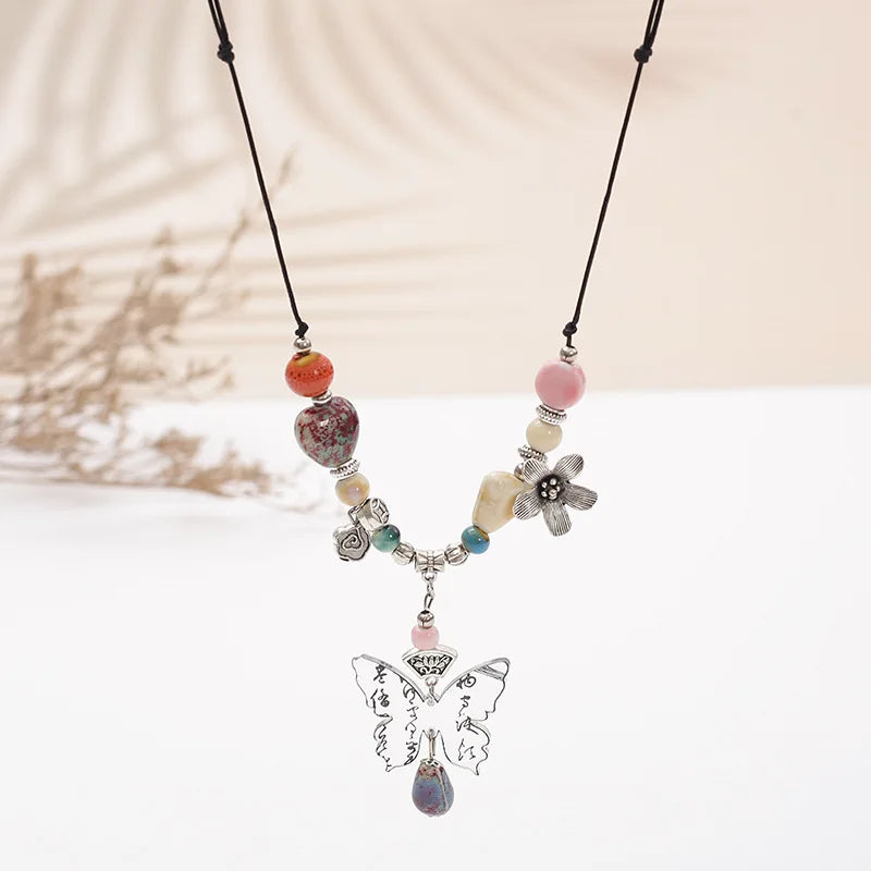 Fashion Ethnic Jewelry Traditional Handmade Ornaments Weave Wax Rope Ceramics Necklace Ceramics Beads Pendant Long Necklace
