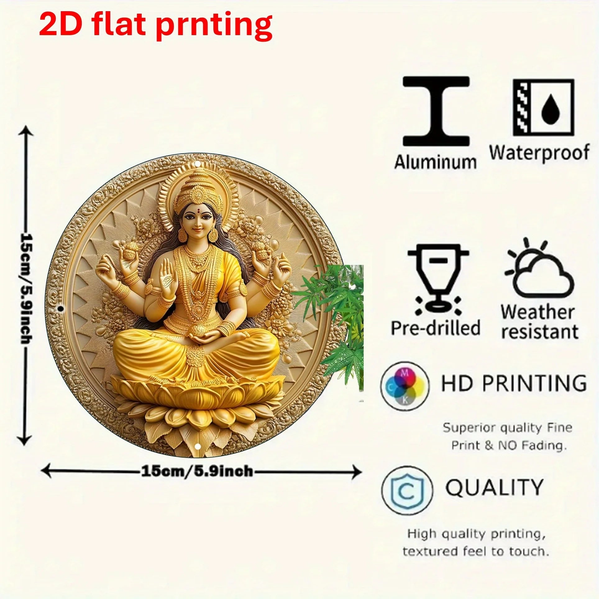 2D Flat, Vintage Indian Goddess Lakshmi on for Lotus Aluminum Wall - 8.0x12.0inch Hindu Temple Decor Suitable for Home, Meditati