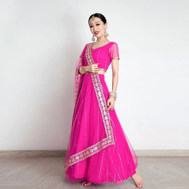 Exotic Indian Dance Costume Ethnic Style Women's Bollywood Belly Dance Dress Sari Top Large Swing Skirt Lengha Set