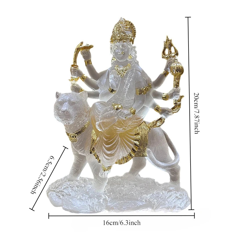 Indian Statue of Difficult To Approach Mother Durga Riding A Tiger and Lion Offering Resin Water Glass Ornament