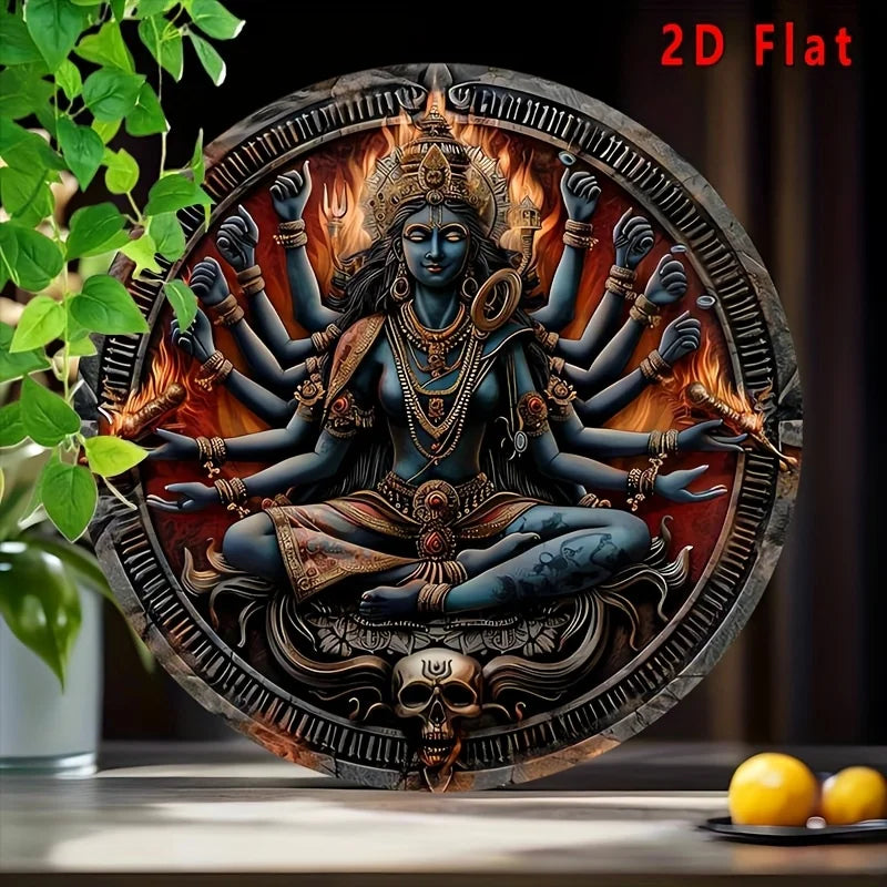 2D Flat Hindu Goddess Kali Multi-Armed Deity Round Metal Tin Sign - Spiritual Indian Mythology Themed Wall Decor, Mystical Relig