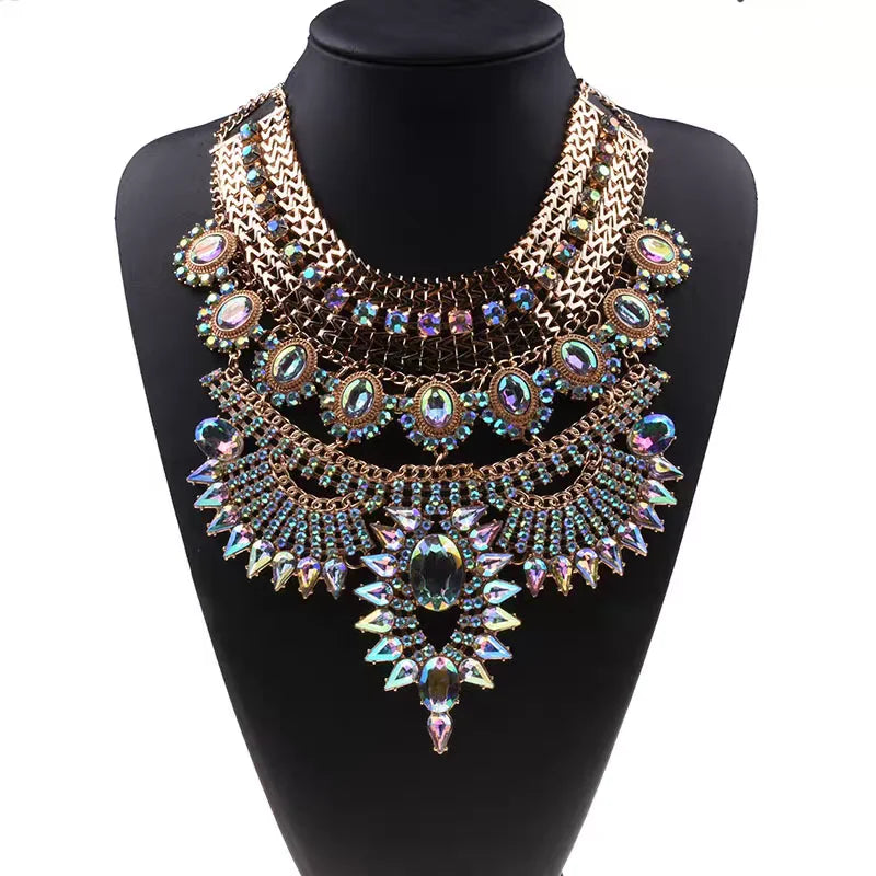 Indian Ethnic Statement Large Necklace Women Fashion Crystal Rhinestone Maxi Long Collar Big Bib Choker Necklace Boho Jewelry