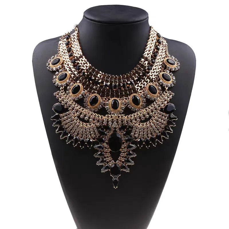 Indian Ethnic Statement Large Necklace Women Fashion Crystal Rhinestone Maxi Long Collar Big Bib Choker Necklace Boho Jewelry