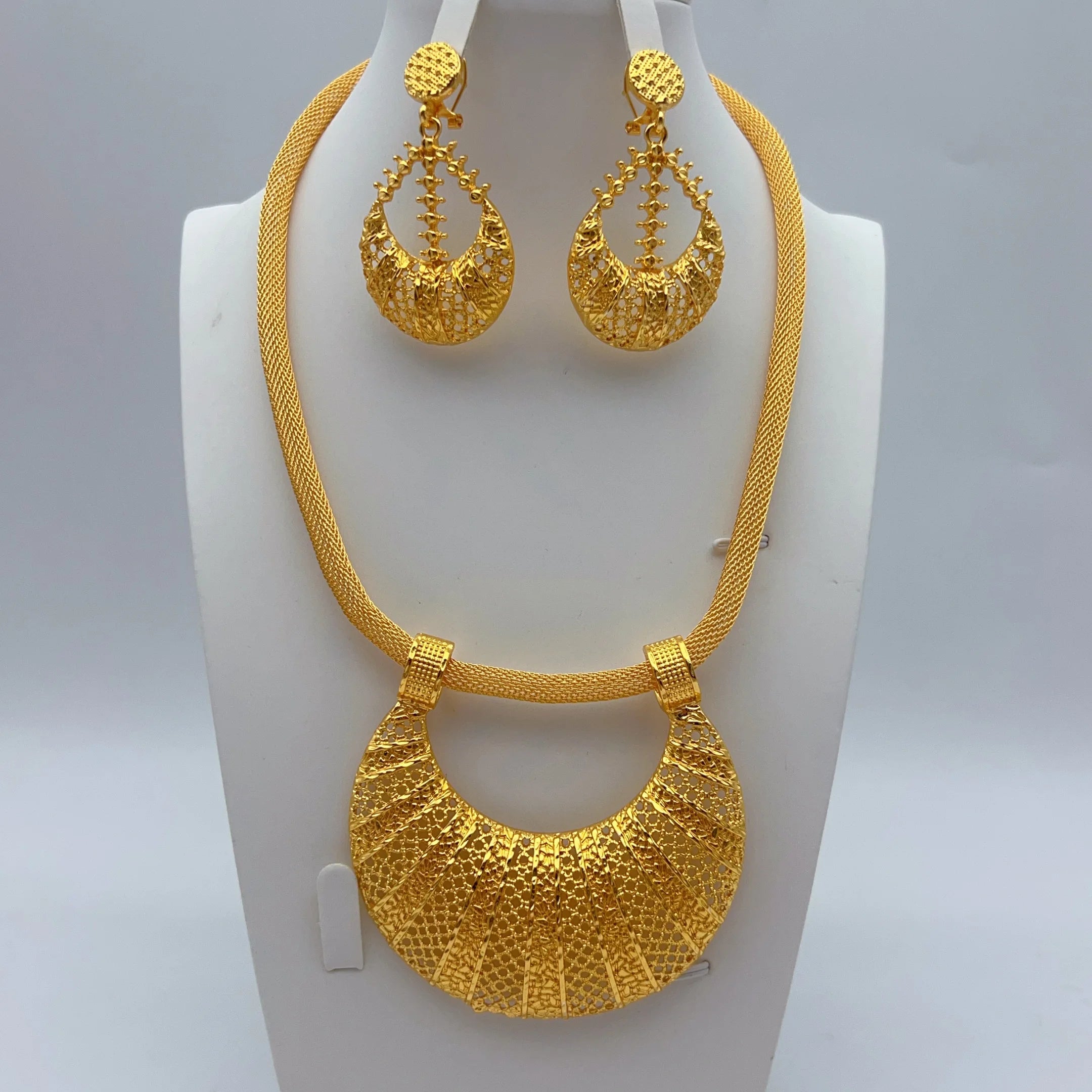 Indian Necklace and Earrings Sets for Bridal Ethiopian Nigeria 24k Gold Color Dubai Jewelry Earrings Banquet Party Gifts