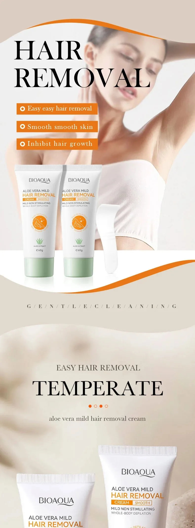 Bioaoua Aloe Vera Gentle Hair Removal Cream, 60G/Tube, Fast Hair Removal, No Harm to the Skin